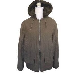 Planet Earth Women's Olive Green Herringbone Faux Fur Lined‎ Hooded Jacket Small